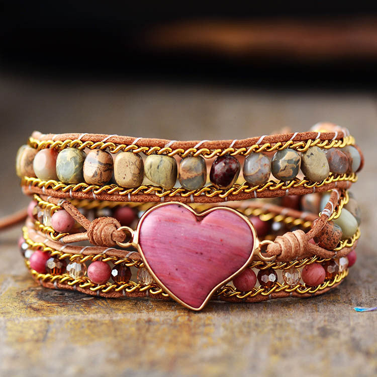 Hand-Woven Stone 3-layer Leather Bracelet