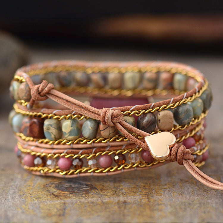 Hand-Woven Stone 3-layer Leather Bracelet